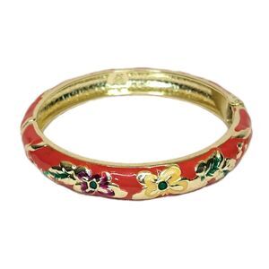 Jiu Long Xing Enamel Floral Bangle Bracelet Red Gold Tone Hinged Clasp